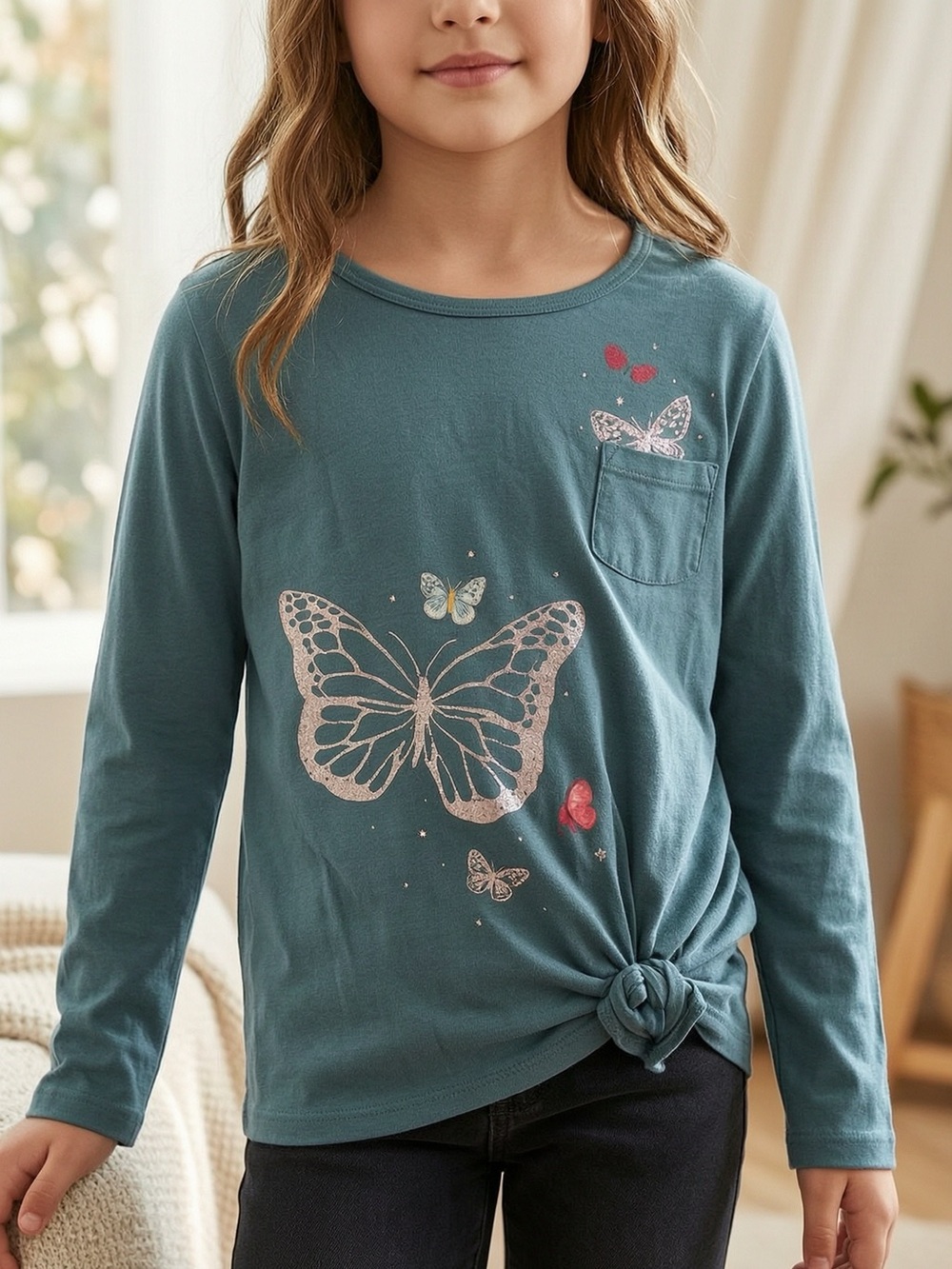 Carter's Teal Long Sleeve Tee with Glitter Butterfly and Side Knot